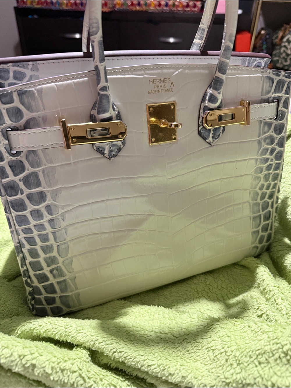 White Croc-Embossed Top-Handle Tote with Gold Hardware